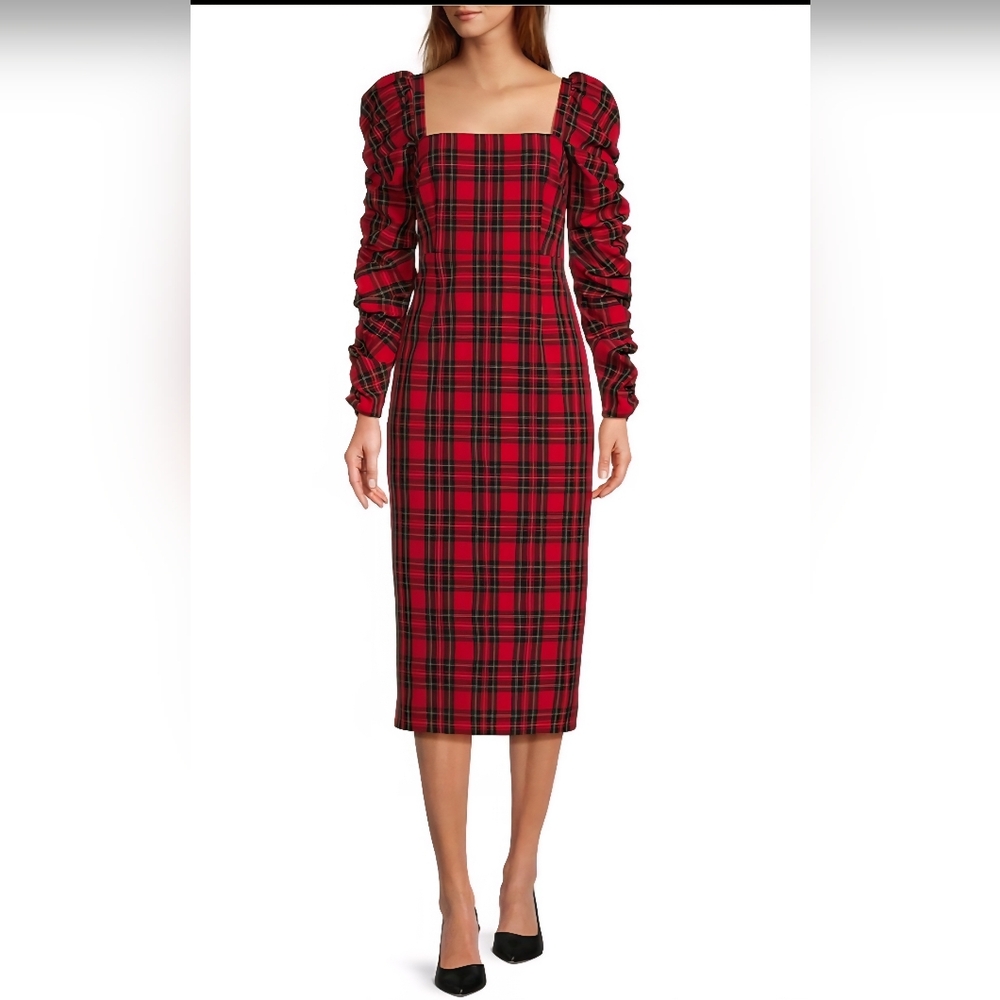 Antonio Melani Elena‎ Plaid Square Neck Midi Dress: Red Plaid Tartan